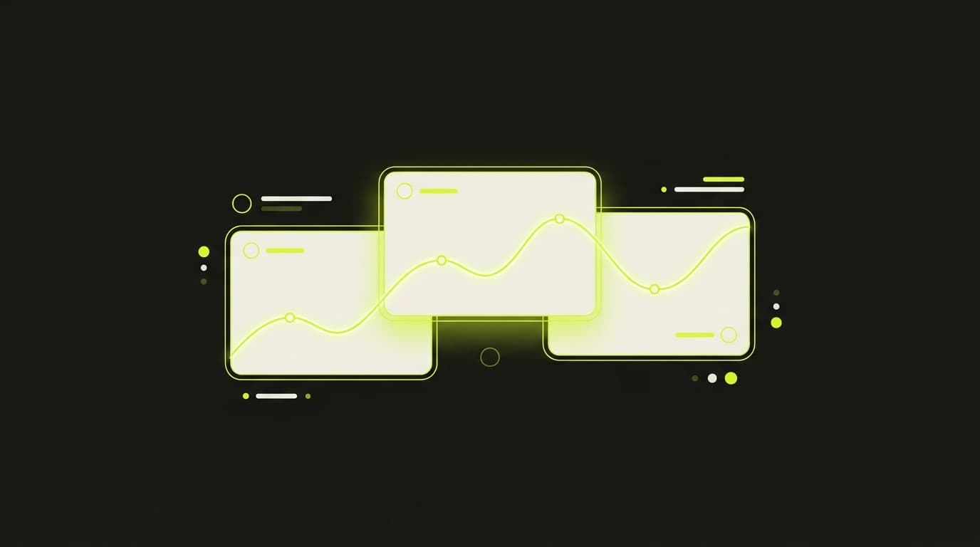 Minimal banking interface panels arranged on a dark editorial layout