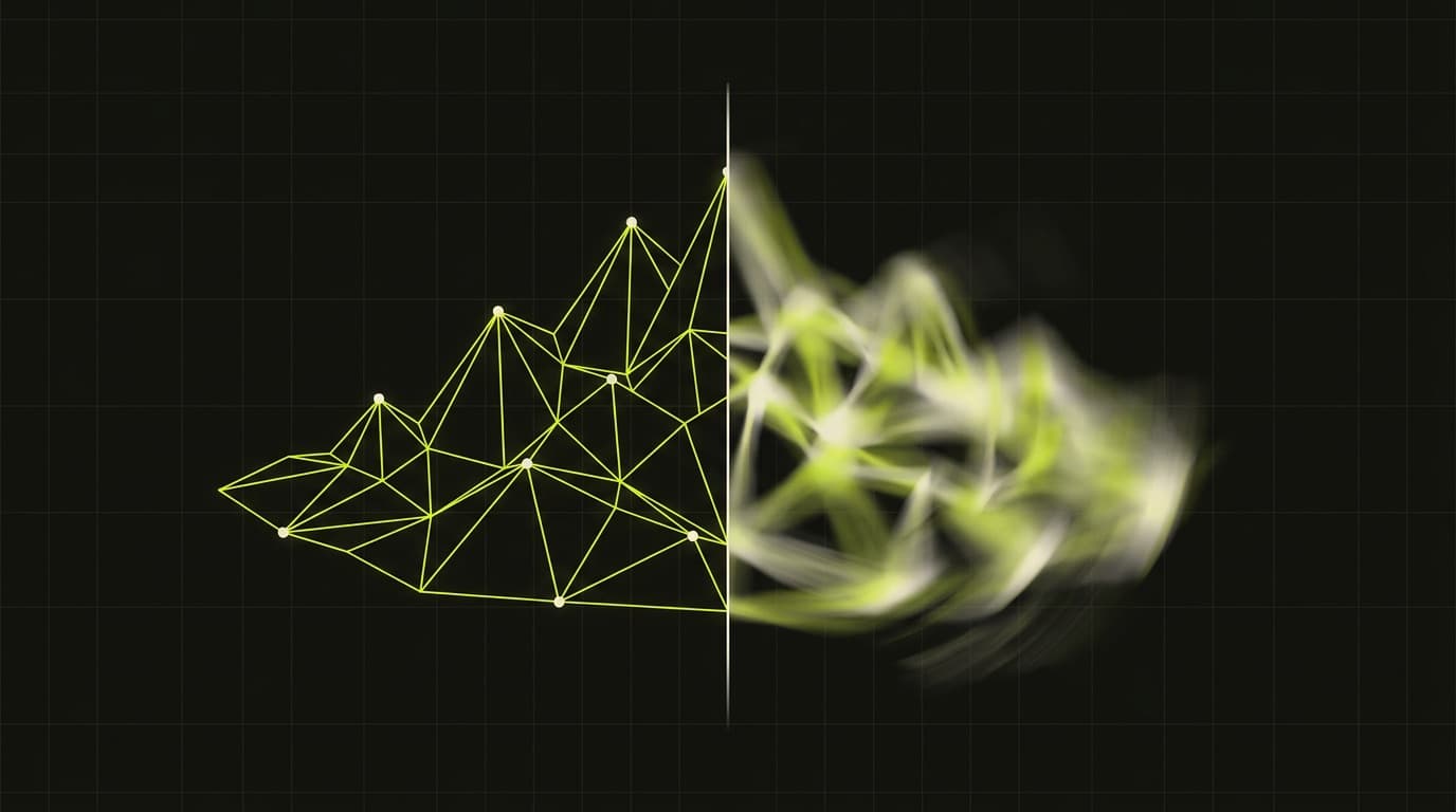Split composition contrasting polygon wireframe geometry with diffused generative imagery