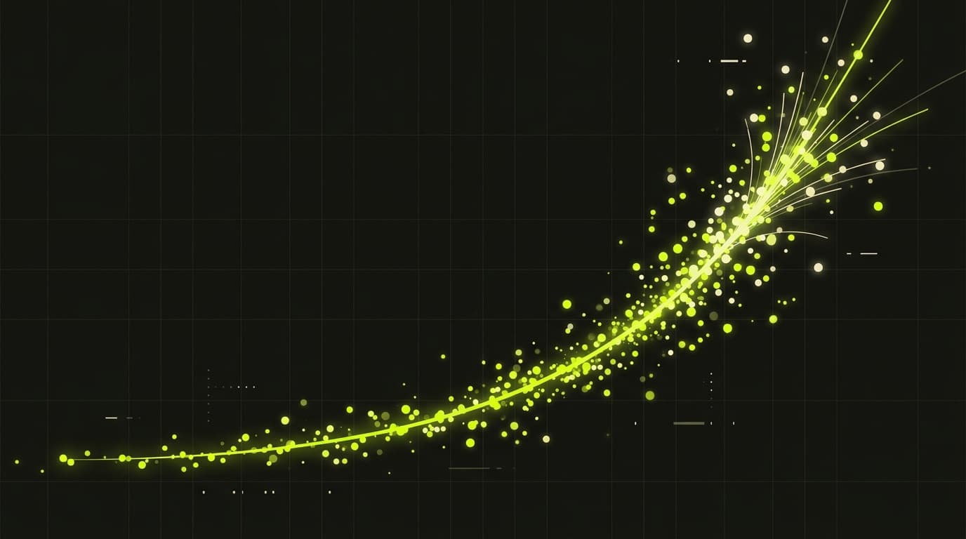 Ascending abstract chart forms rendered in acid green on dark ground