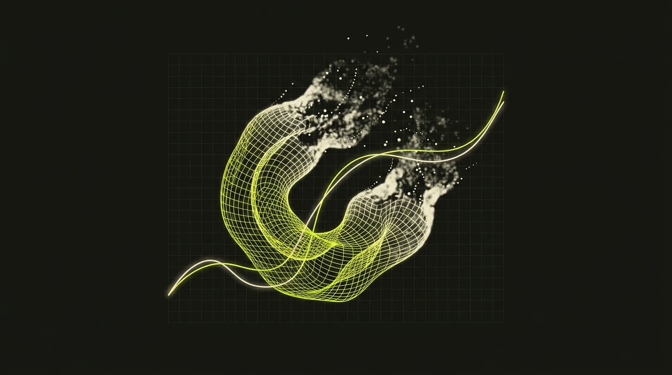 Abstract illustration of a wireframe render merging with generative light streaks