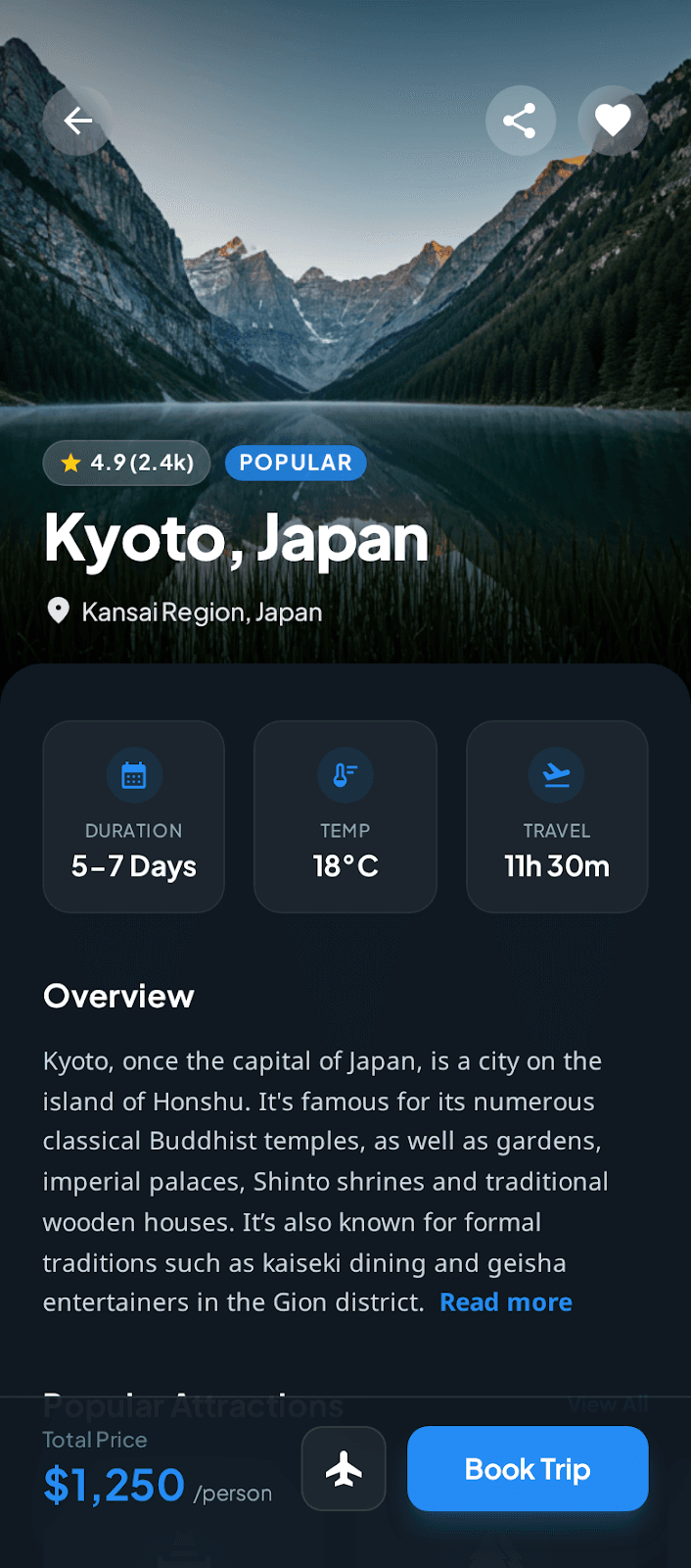 Travel Discovery App ui/ux case study, destination screen 2 of 8