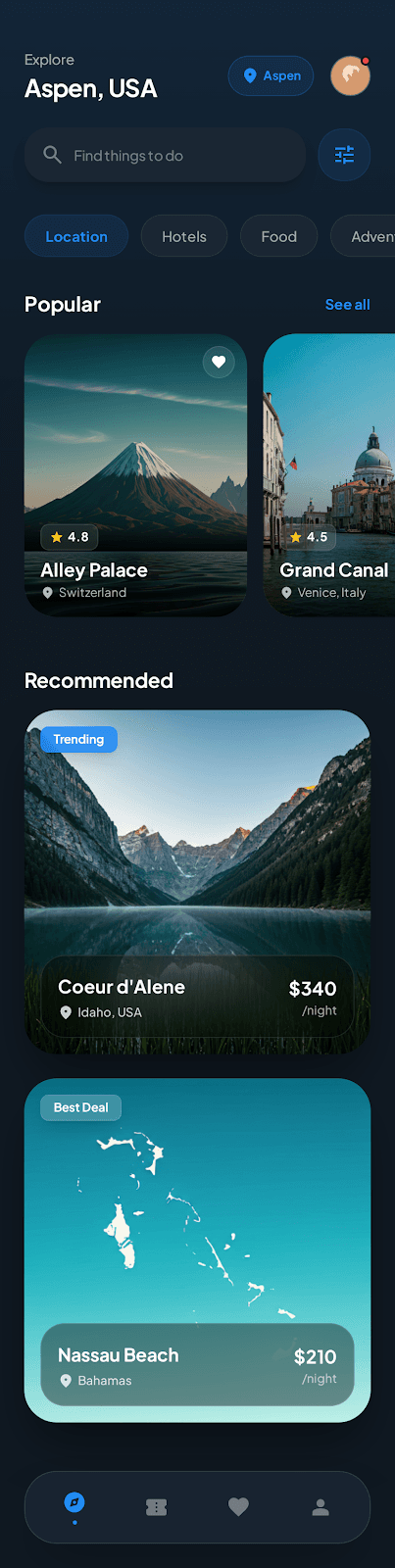Travel Discovery App ui/ux case study, destination screen 4 of 8
