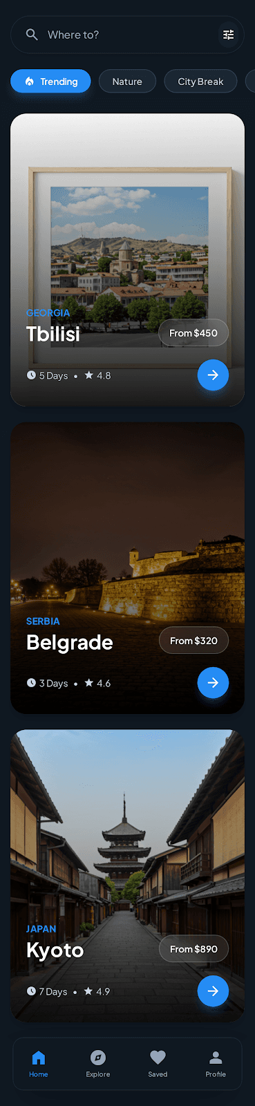 Travel Discovery App ui/ux case study, destination screen 5 of 8