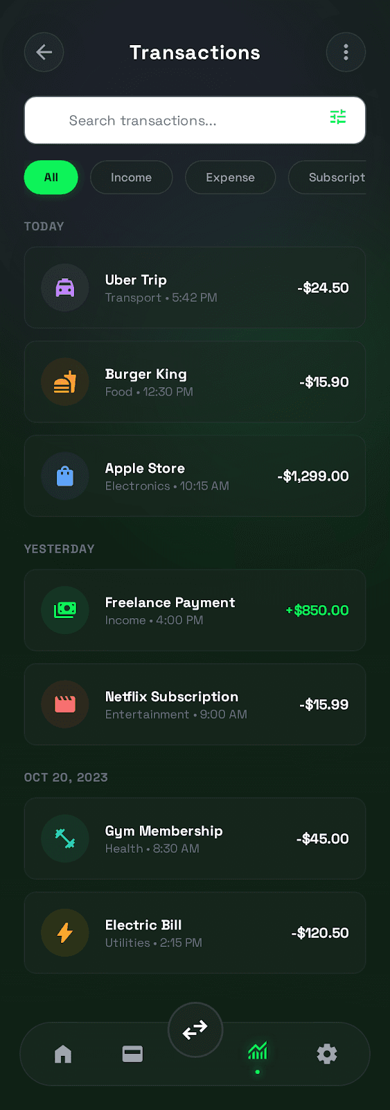Digital Wallet Experience ui/ux case study, main balance screen 7 of 8